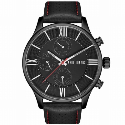 Zegarek Męski Paul Lorens PL11652A6-1A3 na pasku skórzanym w kolorze Czarny/Czarny/Przeszycia Czerwone o szerokości 22/20mm