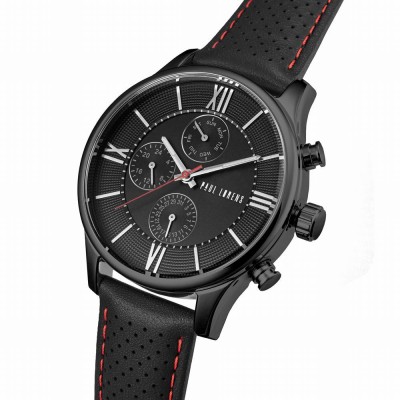 Zegarek Męski Paul Lorens PL11652A6-1A3 na pasku skórzanym w kolorze Czarny/Czarny/Przeszycia Czerwone o szerokości 22/20mm