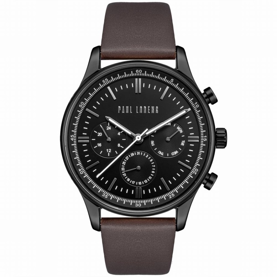 Zegarek Męski Paul Lorens PL10602A2-1B2 na pasku skórzanym w kolorze Czarny/Brązowy o szerokości 22mm