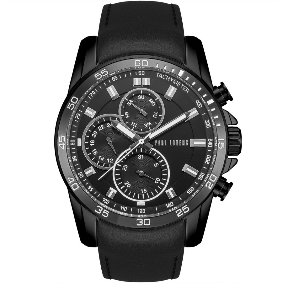 Zegarek Męski Paul Lorens PL9753A8-1A1-2 na pasku skórzanym w kolorze Czarny/Czarny o szerokości 24/22mm