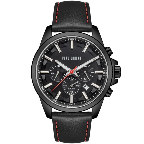 Zegarek Męski Paul Lorens PL20010A-1A3 na pasku skórzanym w kolorze Czarny/Czarny o szerokości 22/20mm