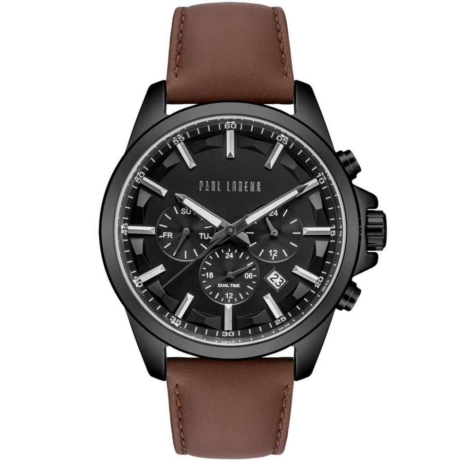Zegarek Męski Paul Lorens PL20010A-1B2 na pasku skórzanym w kolorze Czarny/Brązowy o szerokości 22/20mm