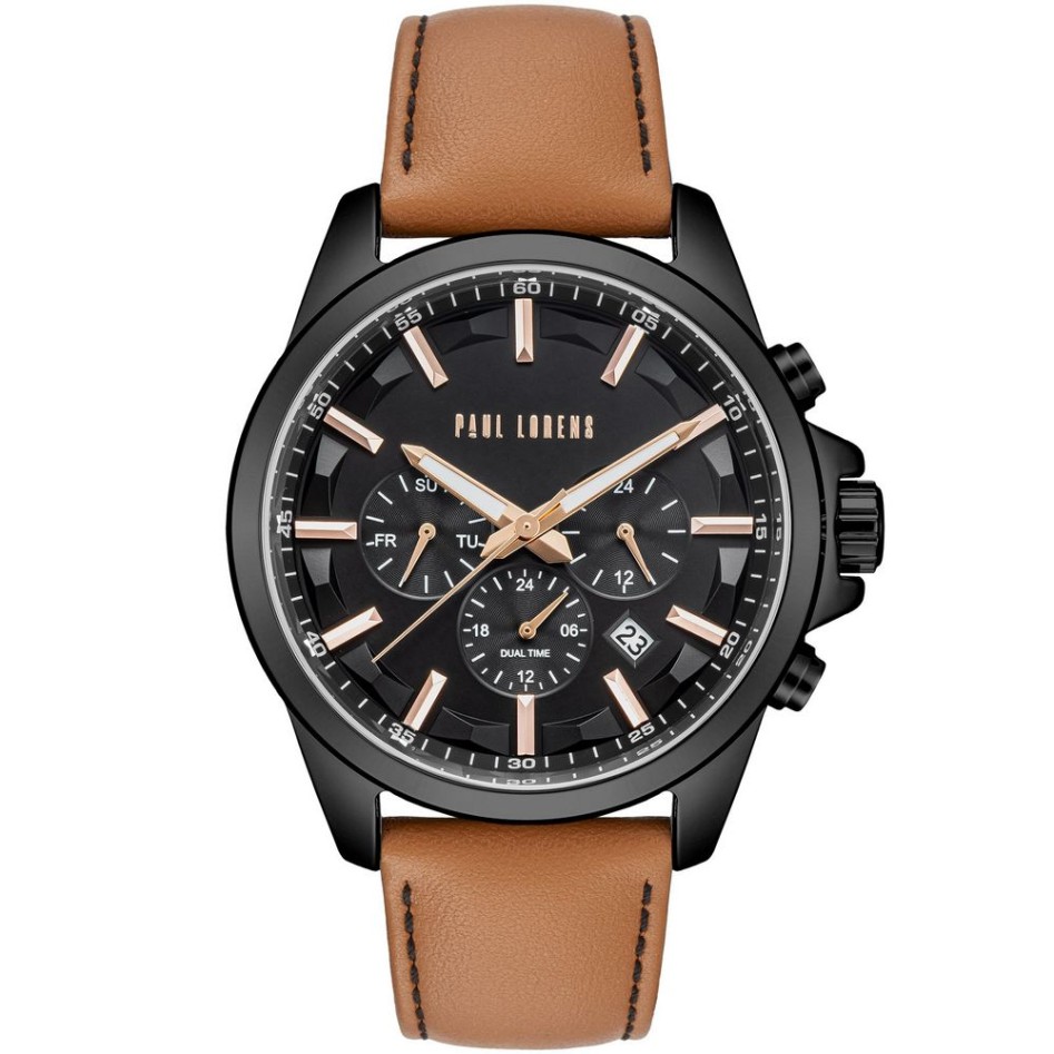 Zegarek Męski Paul Lorens PL20010A-1B3 na pasku skórzanym w kolorze Czarny/Brązowy o szerokości 22/20mm