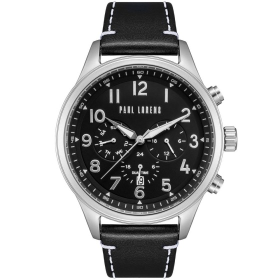 Zegarek Męski Paul Lorens PL20011A-1A1 na pasku skórzanym w kolorze Srebrny/Czarny o szerokości 22/20mm