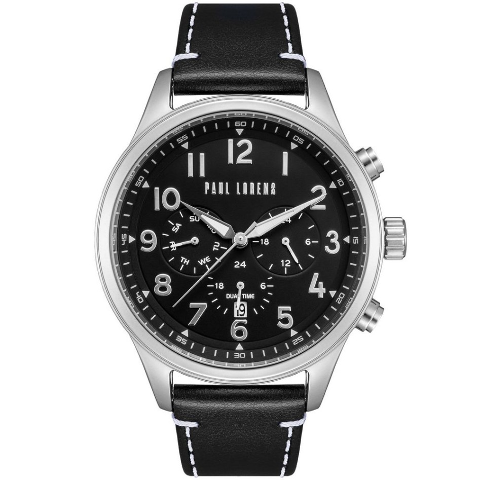 Zegarek Męski Paul Lorens PL20011A-1A1 na pasku skórzanym w kolorze Srebrny/Czarny o szerokości 22/20mm