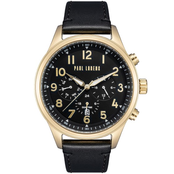 Zegarek Męski Paul Lorens PL20011A-1A2 na pasku skórzanym w kolorze Złoty/Czarny o szerokości 22/20mm