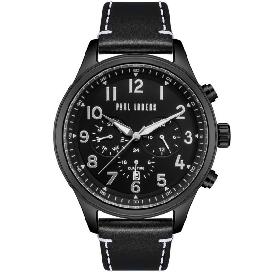 Zegarek Męski Paul Lorens PL20011A-1A5 na pasku skórzanym w kolorze Czarny/Czarny o szerokości 22/20mm