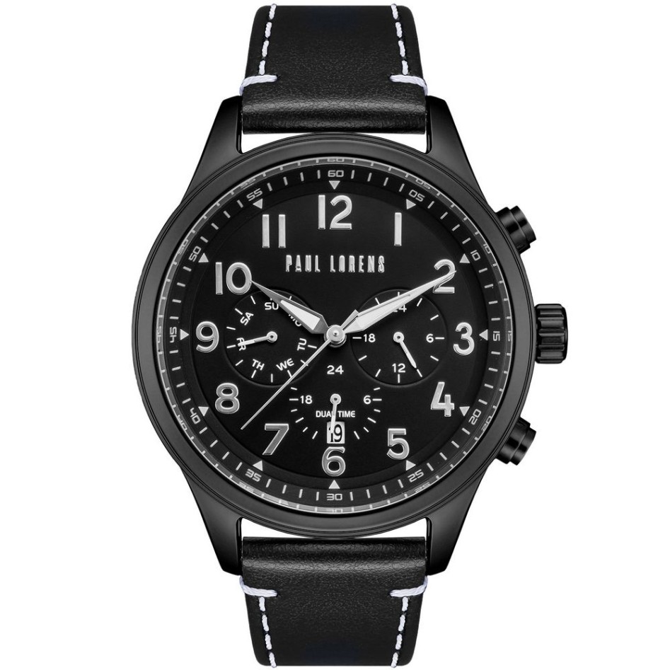 Zegarek Męski Paul Lorens PL20011A-1A5 na pasku skórzanym w kolorze Czarny/Czarny o szerokości 22/20mm