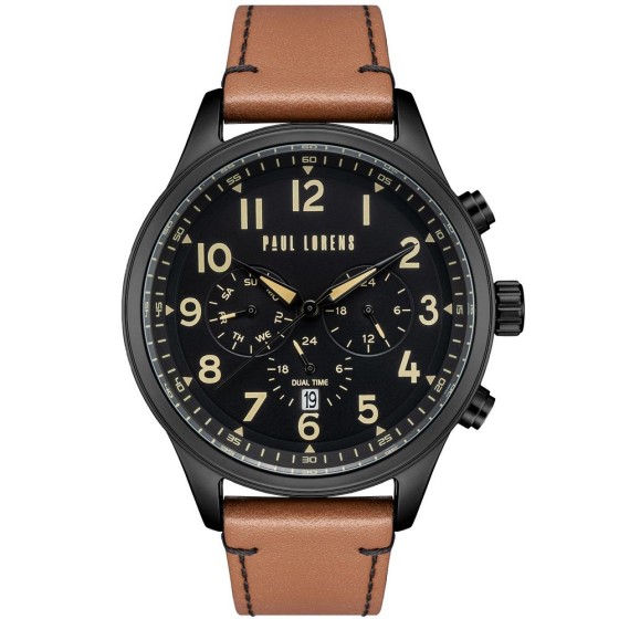 Zegarek Męski Paul Lorens PL20011A-1B3 na pasku skórzanym w kolorze Czarny/Brązowy o szerokości 22/20mm