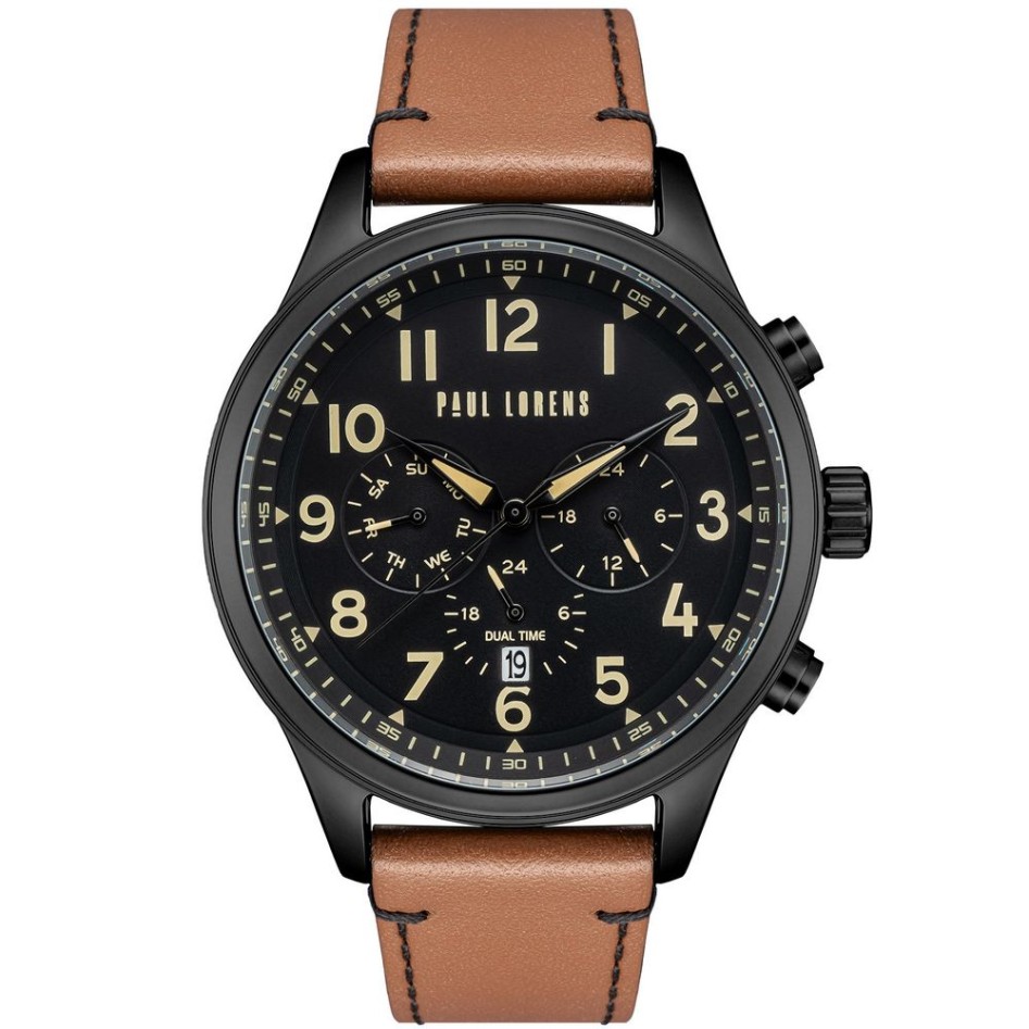 Zegarek Męski Paul Lorens PL20011A-1B3 na pasku skórzanym w kolorze Czarny/Brązowy o szerokości 22/20mm