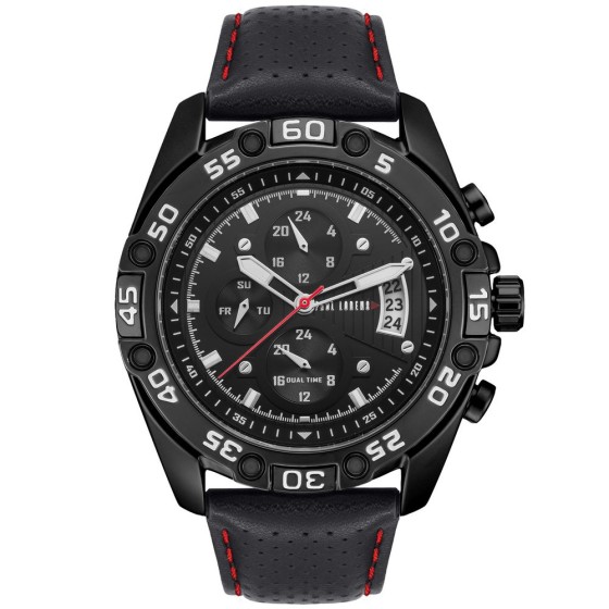 Zegarek Męski Paul Lorens PL8754A5-1A3 na pasku skórzanym w kolorze Czarny/Czarny/Przeszycia Czerwone o szerokości 24/20mm