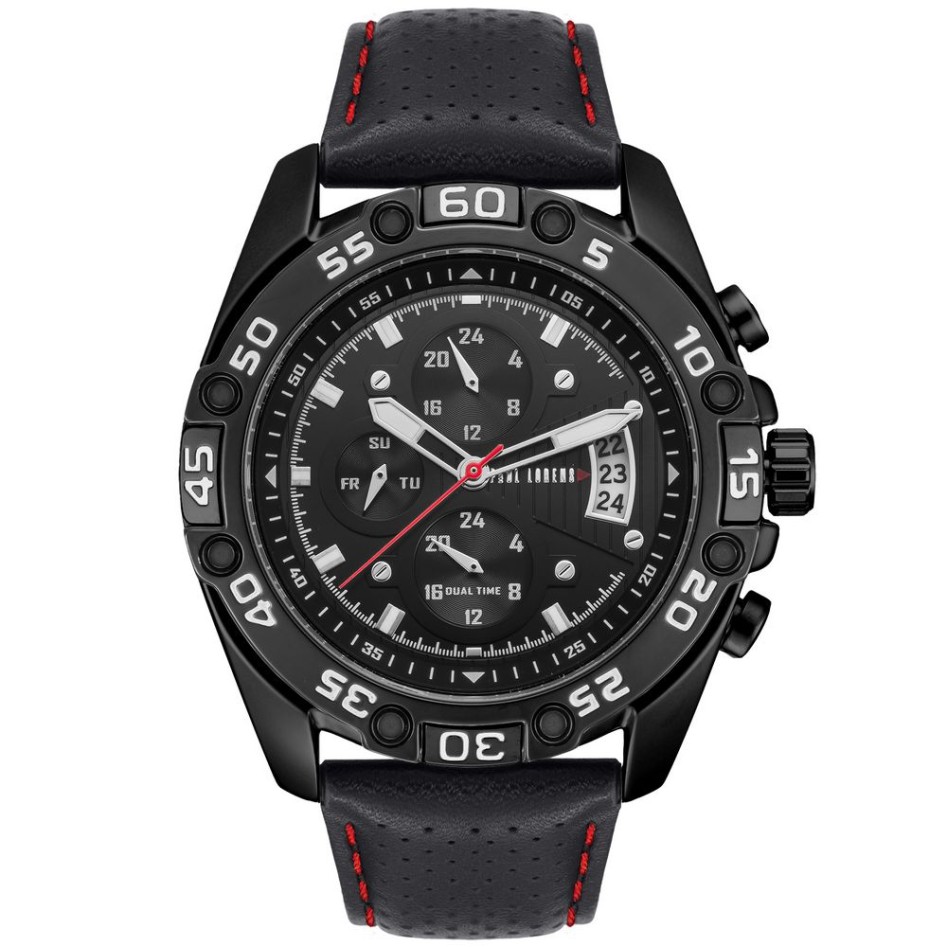 Zegarek Męski Paul Lorens PL8754A5-1A3 na pasku skórzanym w kolorze Czarny/Czarny/Przeszycia Czerwone o szerokości 24/20mm