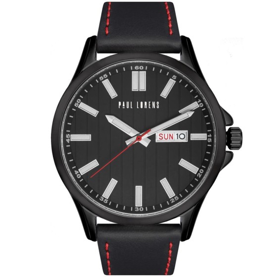 Zegarek Męski Paul Lorens PL8071A3-1A3 na pasku skórzanym w kolorze Czarny/Czarny/Przeszycia Czerwone o szerokości 22/20mm