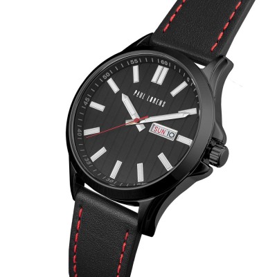 Zegarek Męski Paul Lorens PL8071A3-1A3 na pasku skórzanym w kolorze Czarny/Czarny/Przeszycia Czerwone o szerokości 22/20mm