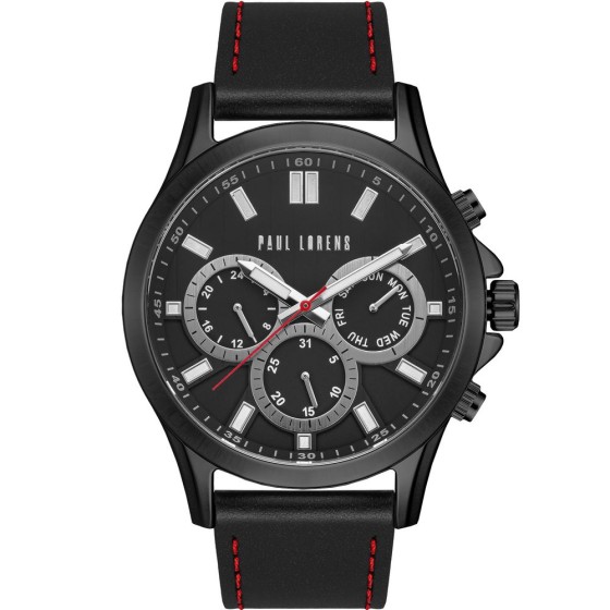 Zegarek Męski Paul Lorens PL8071A2-1A3 na pasku skórzanym w kolorze Czarny/Czarny/Przeszycia Czerwone o szerokości 22/20mm