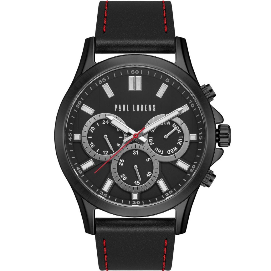 Zegarek Męski Paul Lorens PL8071A2-1A3 na pasku skórzanym w kolorze Czarny/Czarny/Przeszycia Czerwone o szerokości 22/20mm