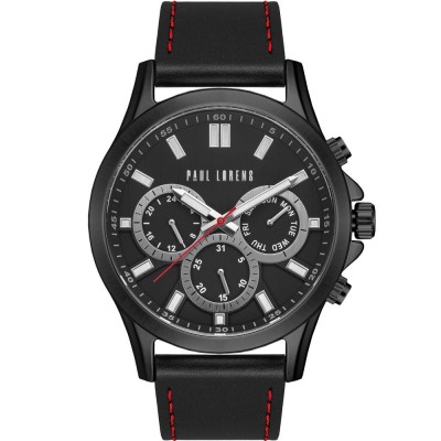 Zegarek Męski Paul Lorens PL8071A2-1A3 na pasku skórzanym w kolorze Czarny/Czarny/Przeszycia Czerwone o szerokości 22/20mm