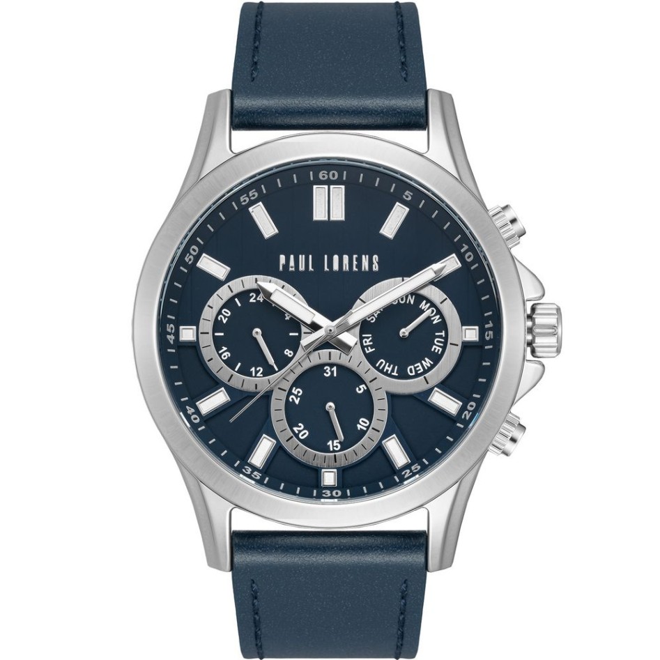 Zegarek Męski Paul Lorens PL8071A2-6F1 na pasku skórzanym w kolorze Srebrny/Granatowy o szerokości 22/20mm